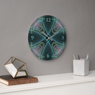 Grande Horloge Ronde Art graphique géométrique fractal sarcelle moderne