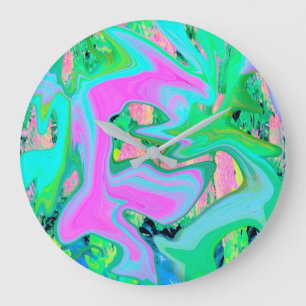 Grande Horloge Ronde Art Liquide rose et bleu clair rétro sur Hydrangea