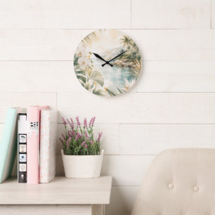 Grande Horloge Ronde Art mural aquarelle tropical luxueux côtier  