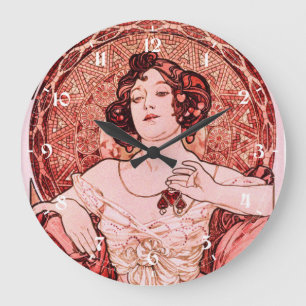 Grande Horloge Ronde Art Nouveau vintage Ruby par Alphonse Mucha