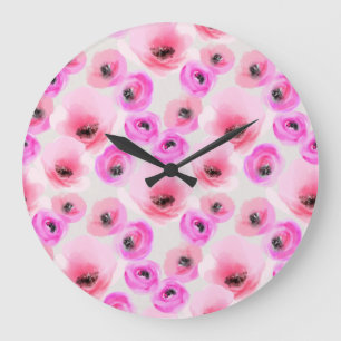 Grande Horloge Ronde Art numérique d'aquarelle rose Fleurs