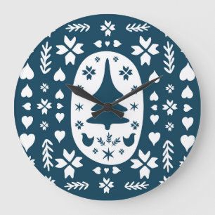 Grande Horloge Ronde Art populaire de Noël : Doodle scandinave.
