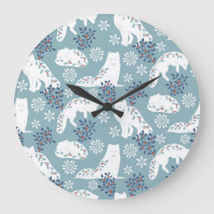 Grande Horloge Ronde Art populaire Renard arctique dans la neige avec H