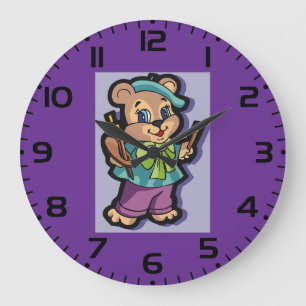 Grande Horloge Ronde Artiste Ours en Peluche avec Béret et Pinceaux