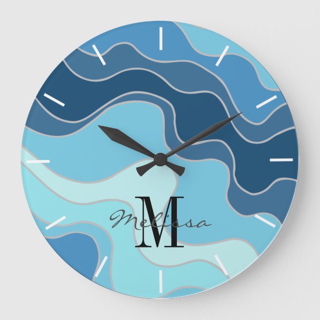 Grande Horloge Ronde Artistic Blue Ocean Waves Beach Monogramme (Recto)