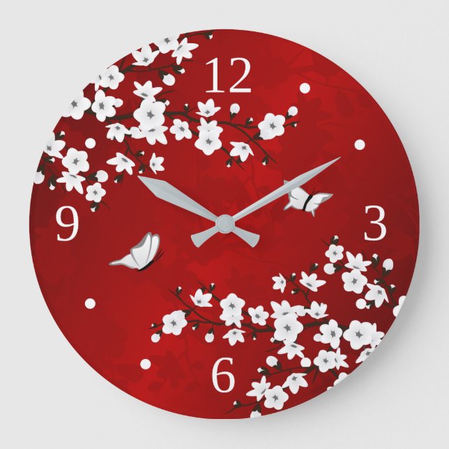Grande Horloge Ronde Asie Floral blanc cerisier rouge (Recto)