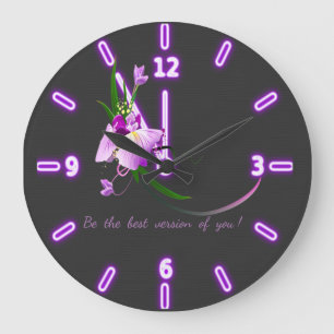 Grande Horloge Ronde Assez Élégante Fleur Violette-Fond Noir