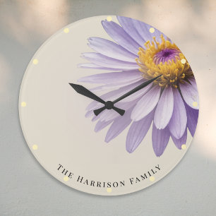 Grande Horloge Ronde Aster Violet Élégant Floral Botanique Personnalisé