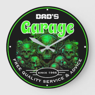 Grande Horloge Ronde Atelier de mécanique automobile Garage Green Skull