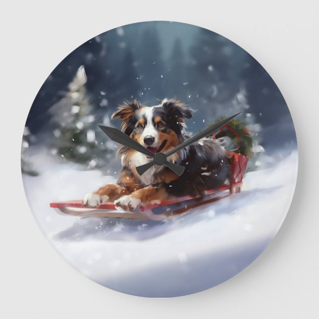 Grande Horloge Ronde Australian Shepherd hiver neige de Noël (Recto)