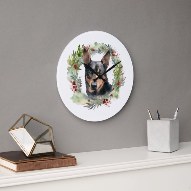 Grande Horloge Ronde Australie Kelpie Noël Wreath Festive Pup (Bureau)