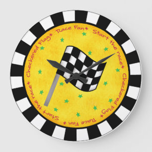 Grande Horloge Ronde Auto Race Fan À damiers Drapeau noir Jaune Personn