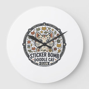 Grande Horloge Ronde Autocollant Bombe Doodle Chat POD Art Vectoriel -