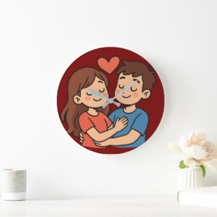 Grande Horloge Ronde Autocollant d'amour mignon Couple de dessin anim
