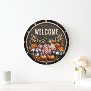 Grande Horloge Ronde Automne Citrouille récolte Rustique Arrière - plan