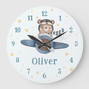 Grande Horloge Ronde Aventure Aviation Ourson Avion Bleu