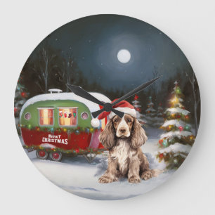 Grande Horloge Ronde Aventure de Noël en caravane de Cocker Spaniel d'h