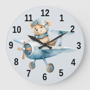 Grande Horloge Ronde Avion Happy Blue Bear Pilote