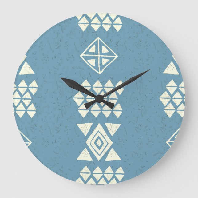 Grande Horloge Ronde Aztec Ethnique : Bleu Géométrique Sans Mer. (Recto)