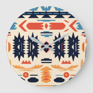 Grande Horloge Ronde Aztec géométrique tribal boho du Sud-Ouest