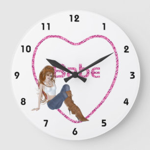 Grande Horloge Ronde Babe Parties scintillant Coeur Candy Redhead Girl