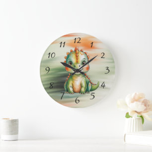 Grande Horloge Ronde Baby-Shower Mignon Dinosaure Aquarelle