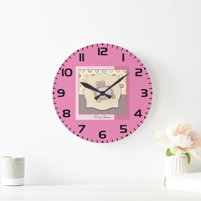 Grande Horloge Ronde Baby shower ours en peluche avec cercles rétro (Créateur téléchargé)