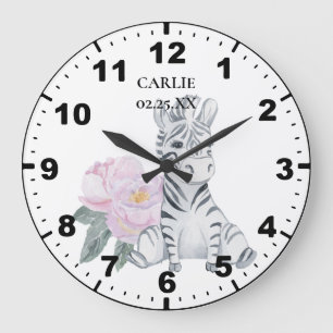 Grande Horloge Ronde Baby Zebra Fleurs roses Baby Girl