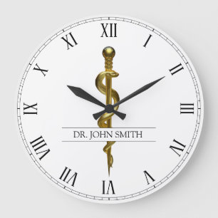 Grande Horloge Ronde Baguette Médicale d'Asclepius Gold sur blanc