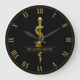 Grande Horloge Ronde Baguette Médicale d'Asclepius Gold sur Noir