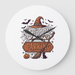 Grande Horloge Ronde Balai Parking Halloween Sorcière Chapeau Manche No