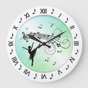 Grande Horloge Ronde Ballerina Dancing with Music Notes Vert