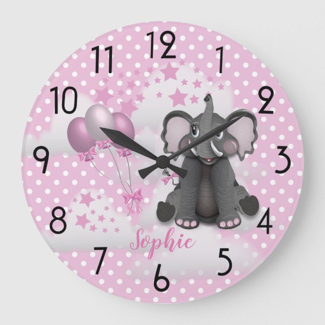 Grande Horloge Ronde Ballons Eléphants mignons Bébé Fille Pink Nursery (Recto)