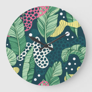 Grande Horloge Ronde Banana feuilles abstraits, couleurs tendance