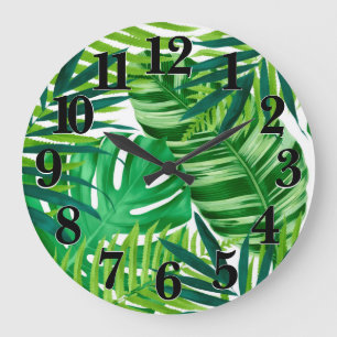 Grande Horloge Ronde Banana Monstera Palm Green Feuilles tropicaux