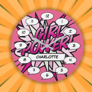 Grande Horloge Ronde Bande dessinée rose GIRL POWER personnalisée