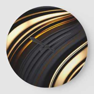 Grande Horloge Ronde Bandes abstraites noires et dorées