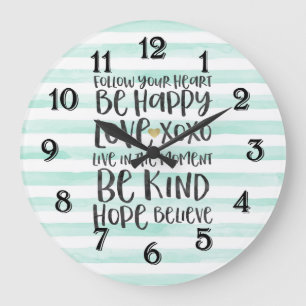 Grande Horloge Ronde Bandes Menthe Élégantes Mots Inspirants