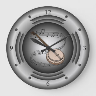 Grande Horloge Ronde Banjo ~ Scroll musical ~ Haut-parleur en argent ~