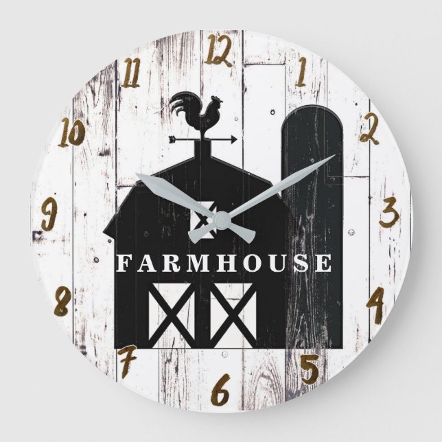 Grande Horloge Ronde Barne noire Bois blanc Rustique Ferme Pays (Recto)