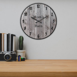 Grande Horloge Ronde Barnwood Gris Stylisé Personnalisé À L'Aspect R