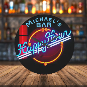 Grande Horloge Ronde BARRE Lumière Neon SIGN Personnalisé Homme Cave