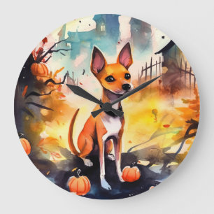 Grande Horloge Ronde Basenji Halloween avec citrouilles effrayant