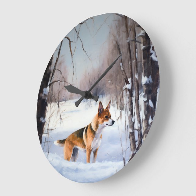 Grande Horloge Ronde Basenji Laisser neiger Noël (Angle)