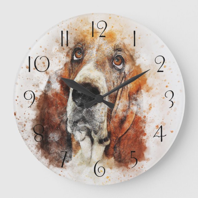 Grande Horloge Ronde Basset hound aquarelle (Recto)