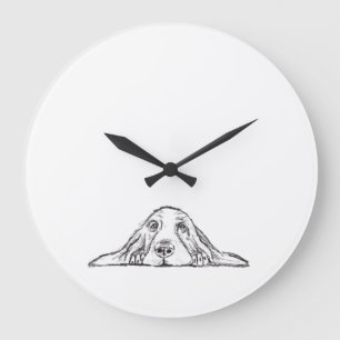 Grande Horloge Ronde basset hound noir blanc yeux de chiot simple 