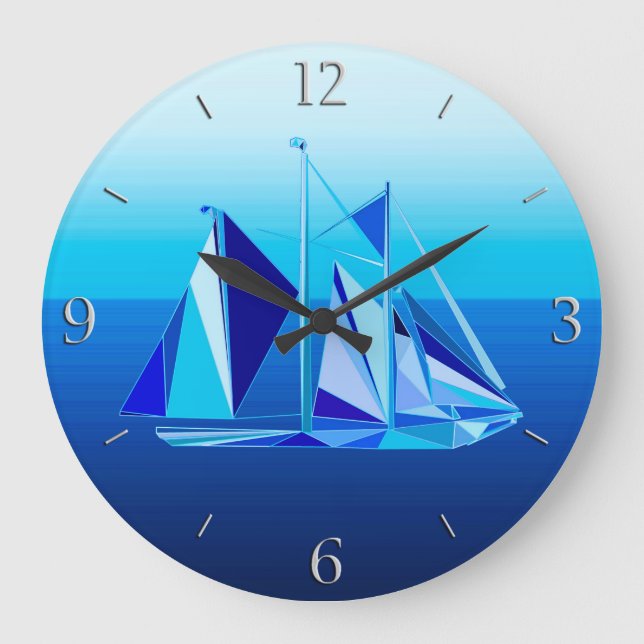 Grande Horloge Ronde Bateau à voile géométrique moderne / Yacht, bleu C (Recto)