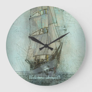 Grande Horloge Ronde Bateau classique nautique (bleu)