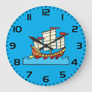 Grande Horloge Ronde Bateau traditionnel rouge chinois sur vagues bleue