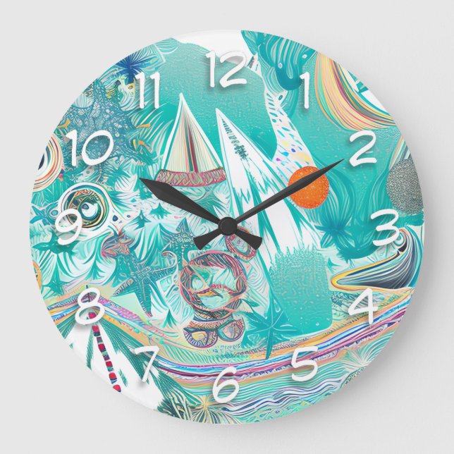 Grande Horloge Ronde Bateaux à voile et Créatures marines Art Abstrait  (Recto)